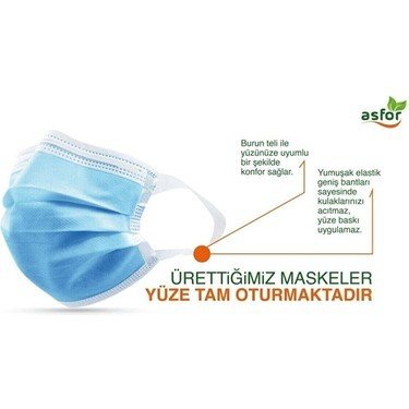 asfor 3 Katlı Meltblown Bez Lastikli Cerrahi Maske 50’li Paket (Mavi)