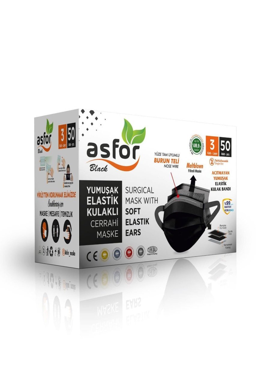 asfor 3 Katlı Meltblown Bez Lastikli Cerrahi Maske 50’li Paket (Siyah)
