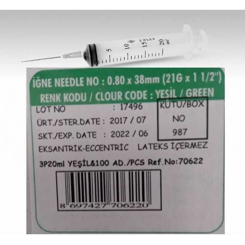 AYSET 20 cc x Yeşil Uçlu Enjektör Şırınga x 100 Adet