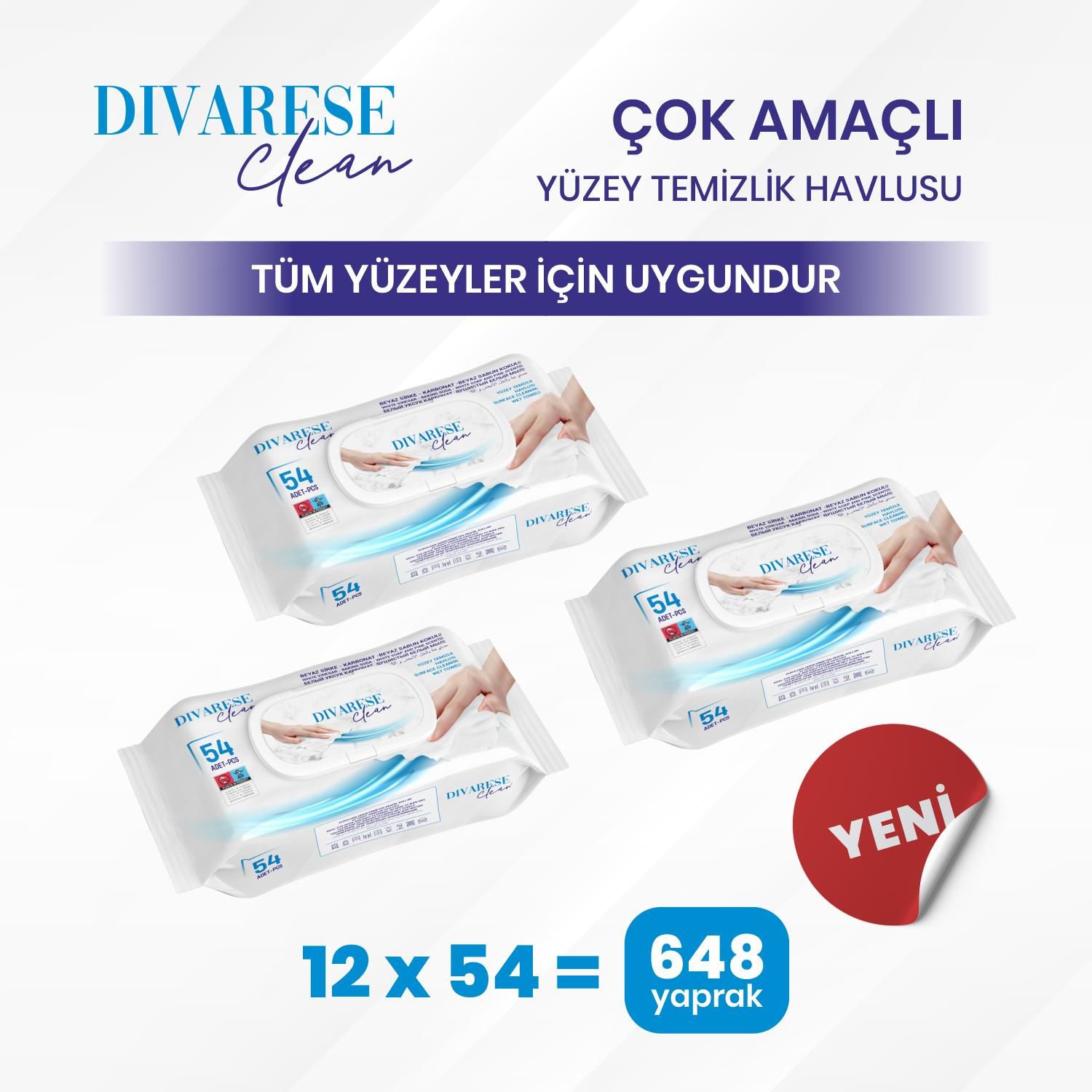 DIVARESE  Yüzey Temizlik Havlusu / Mendili 54 Adet x 12’li Set (648 Adet)