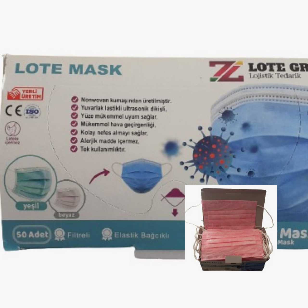 Lote Maske  3 (Üç) Katlı Lastikli Cerrahi Bez Ağız Burun Maskesi 50’li Paket-20’li Kutu-Pembe