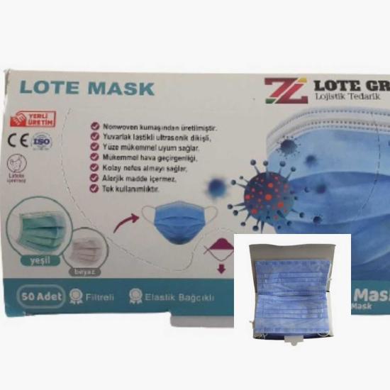 Lote Maske  3 (Üç) Katlı Lastikli Cerrahi Bez Ağız Burun Maskesi 50’li Paket-10’lu Kutu-Mavi