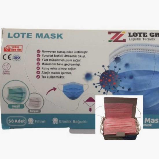 Lote Maske  3 (Üç) Katlı Lastikli Cerrahi Bez Ağız Burun Maskesi 50’li Paket-20’li Kutu-Pembe