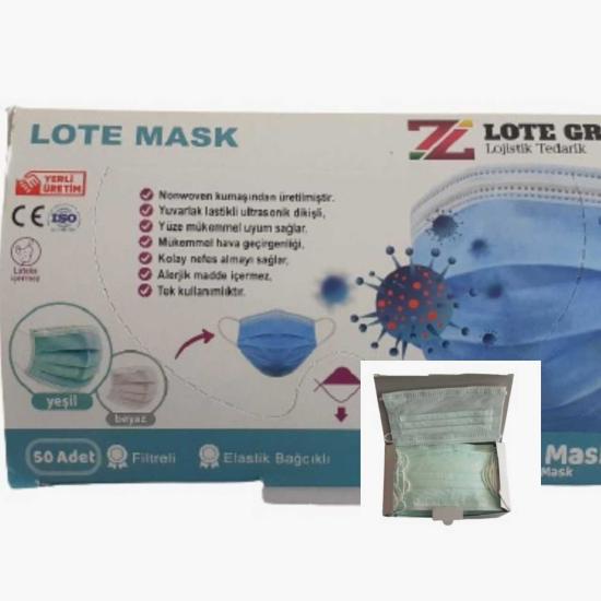 Lote Maske  3 (Üç) Katlı Lastikli Cerrahi Bez Ağız Burun Maskesi 50’li Paket-20’li Kutu-Yeşil