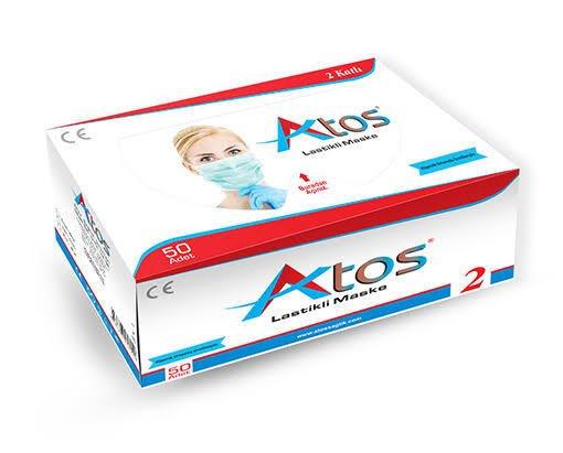 Atos Lastikli Cerrahi Bez Ağız Burun Maskesi 50 Paket (50’li, 2 Katlı, 2500 Adet)